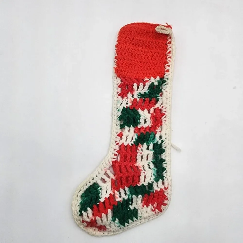 Lot of 5 Granny Square Christmas Stockings Crochet Afghan Red Green‎ White Boho